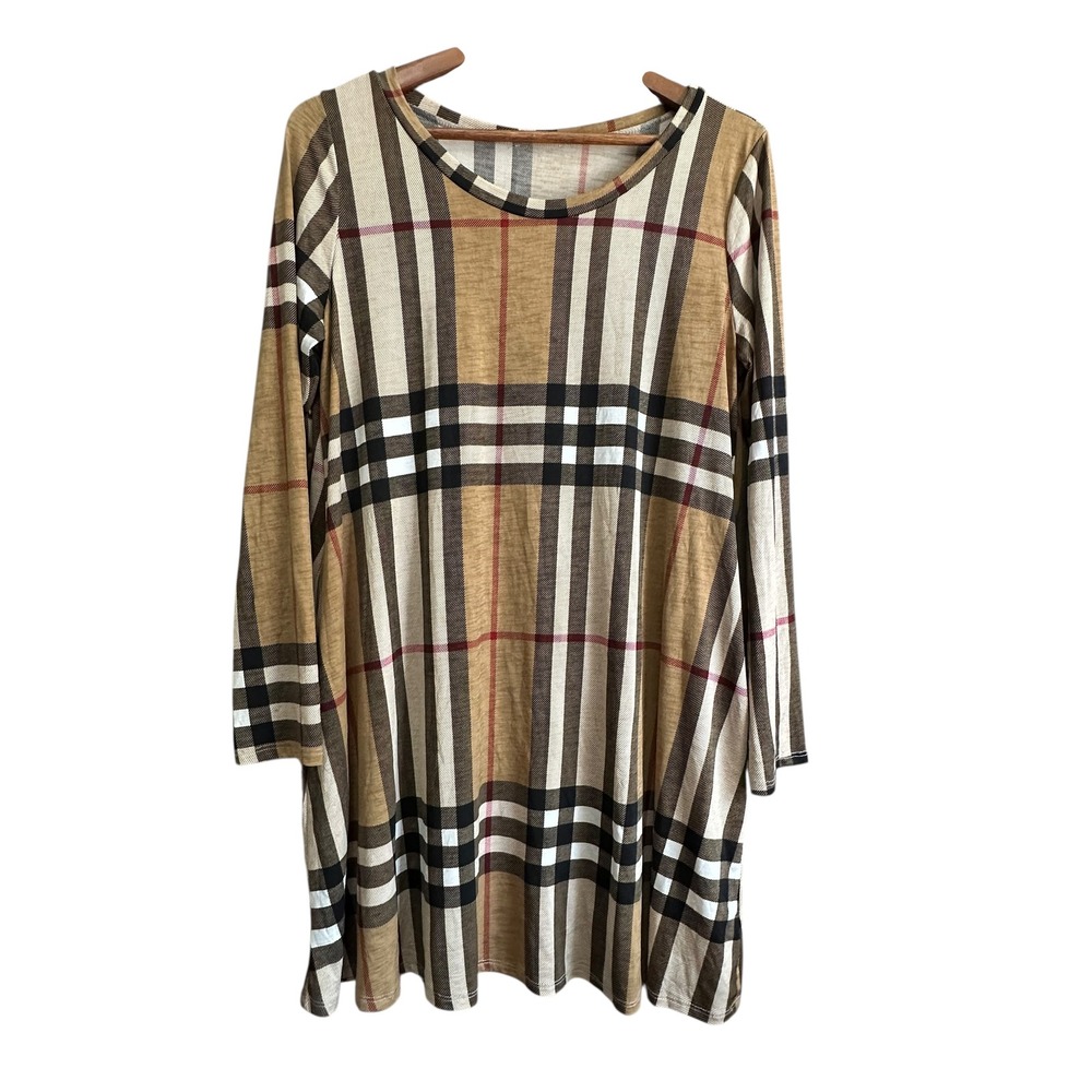JODIFL‎ Women's Long Sleeve Plaid Tunic Dress Casual Comfort Tan Multi Color
